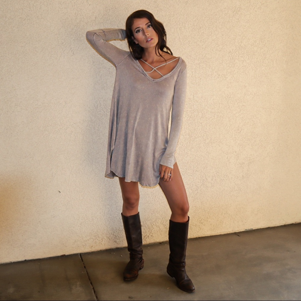 Lavender Gray Long Sleeve Criss Cross Mini Dress